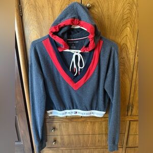 Tommy Hilfiger Crop hoodie with logo band at the bottom. Size small.